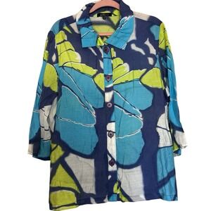 Yushi Thin Button Up Tunic Top‎ Women's XXL Wired Collar Geometric Blouse